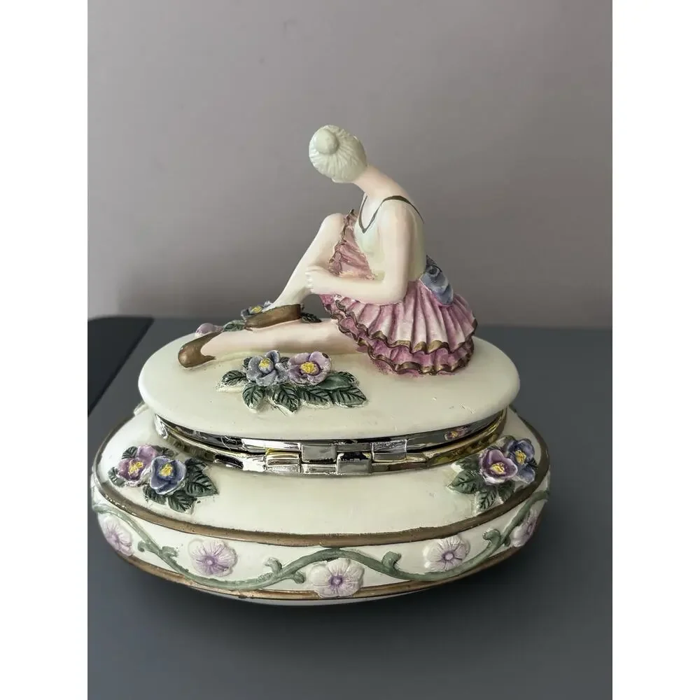 Vintage Ballerina Girl Trinket Box Jewelry Porcelain Floral Cottage Vanity MCM
